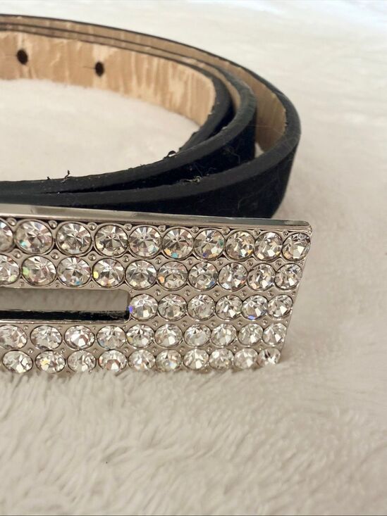 Oscar de la Renta Crystal Pavé Buckle Black Suede Leather Belt Size Large